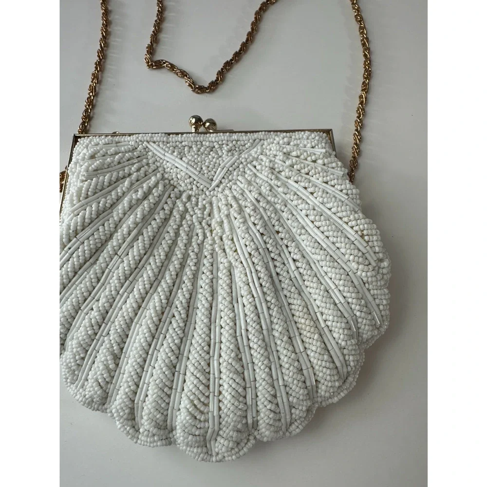 Vintage Walborg Mini Beaded Satin Clamshell Gatsby Purse Gold Color Chain Strap - Picture 6 of 13
